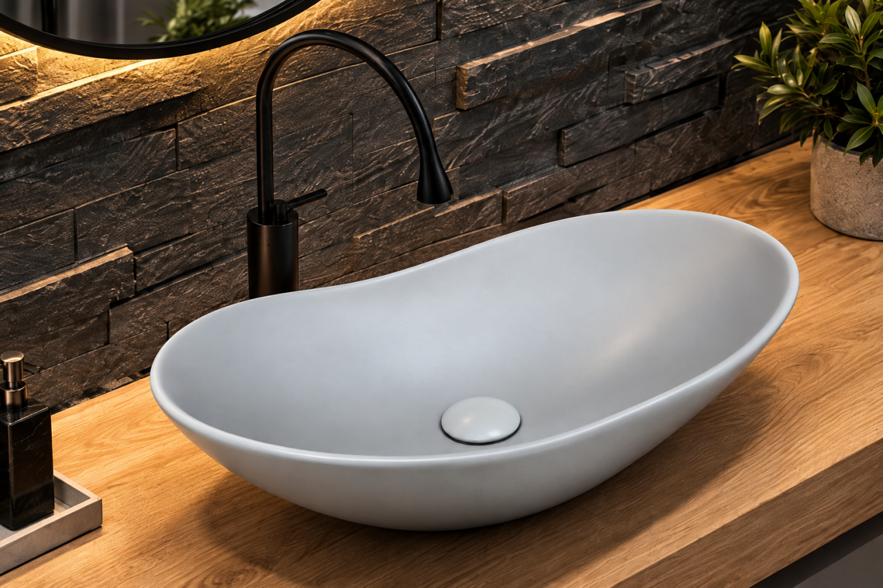 Lavoar BISDesign Ceramic Gri Mat Oval 620x365x160 mm cu Ventil Inclus [2]