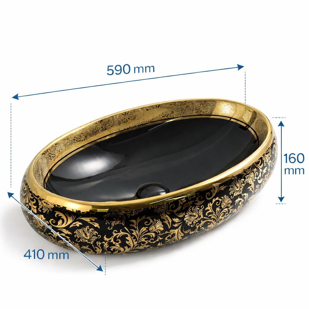 Lavoar chiuveta baie pe blat BisDesign ceramica negru cu decor auriu oval [5]