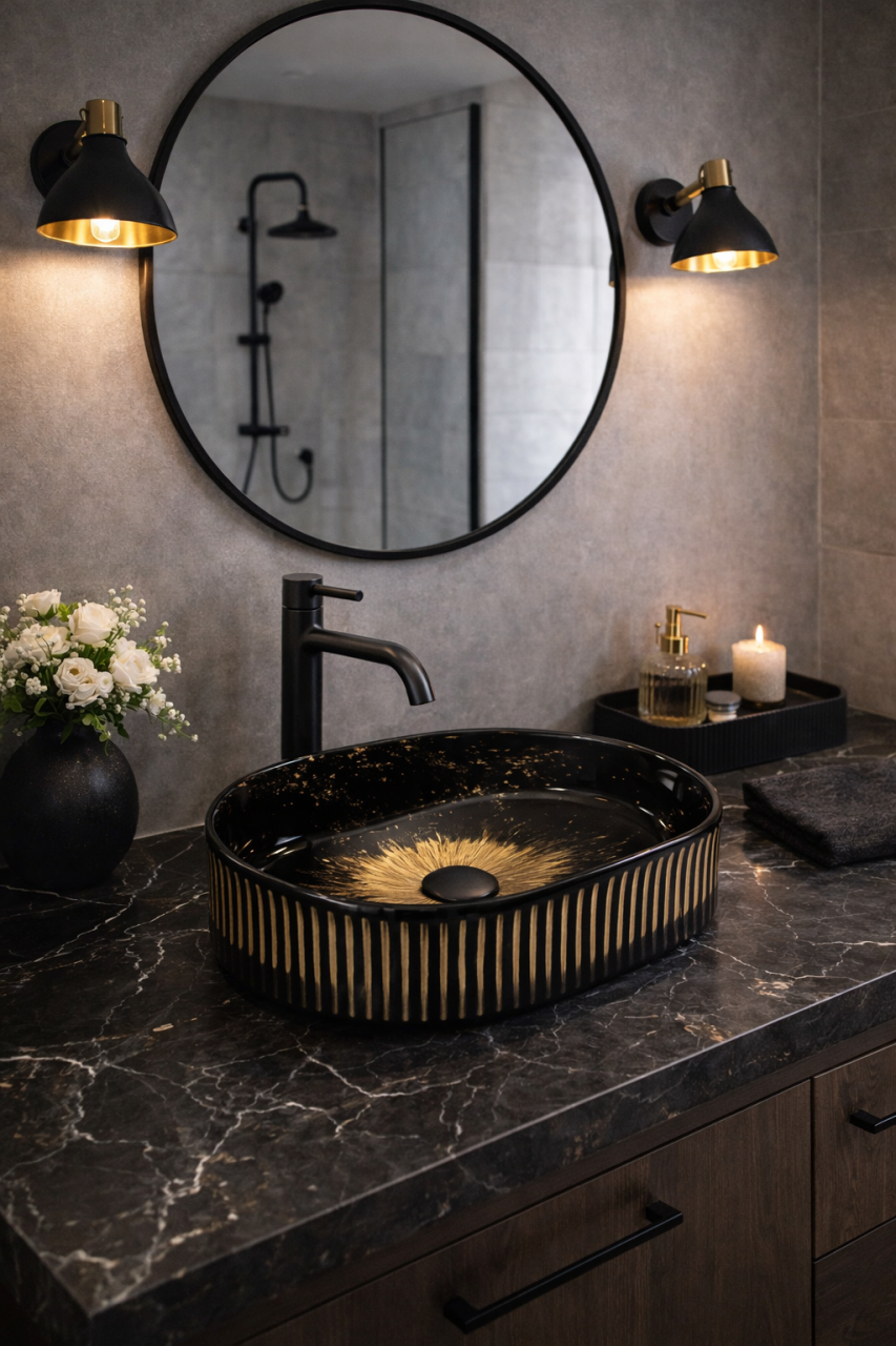 Lavoar chiuveta baie pe blat BisDesign ceramica negru decor auriu oval [5]