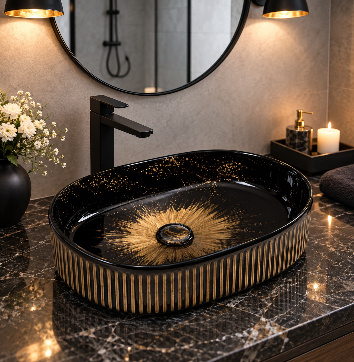 Lavoar chiuveta baie pe blat BisDesign ceramica negru decor auriu oval [2]