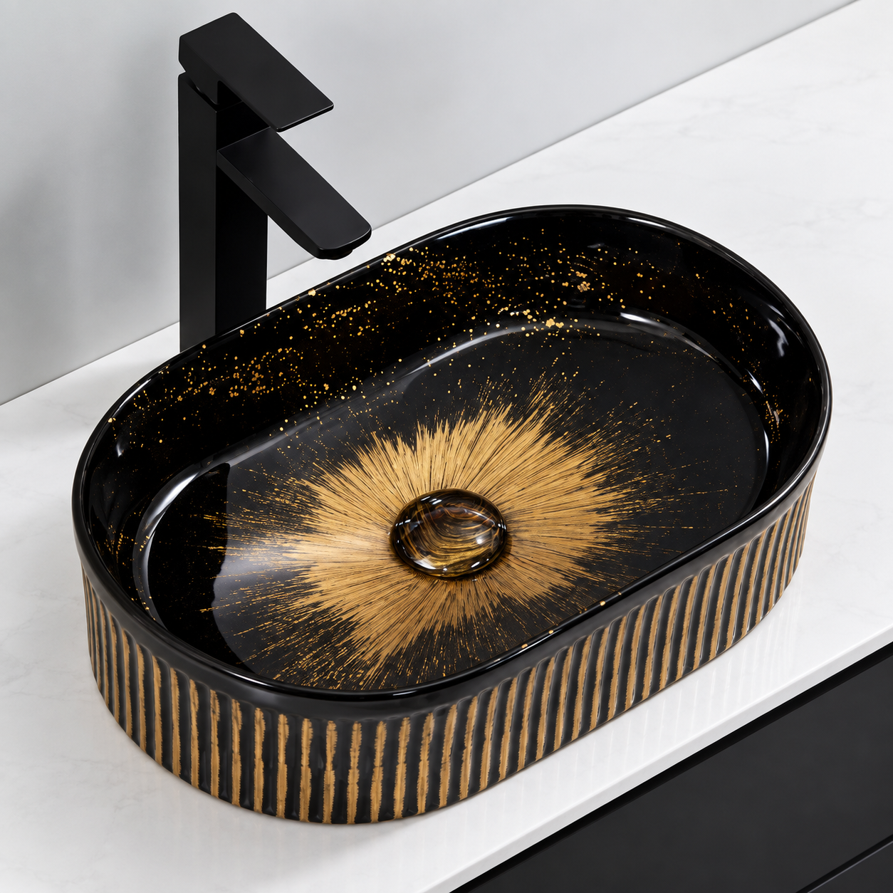 Lavoar chiuveta baie pe blat BisDesign ceramica negru decor auriu oval [3]