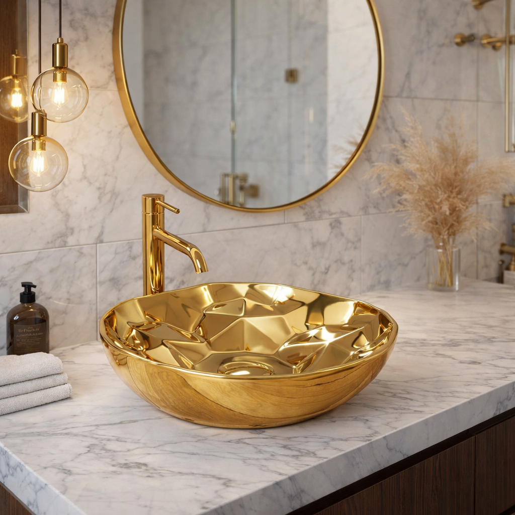 Lavoar chiuveta baie pe blat BisDesign ceramica auriu lucios rotund [9]