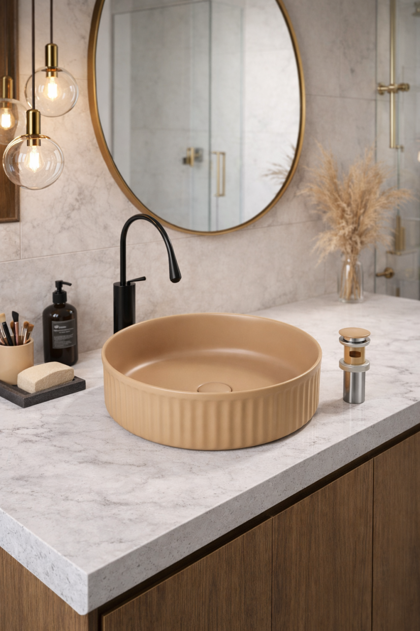 Lavoar chiuveta baie pe blat BisDesign ceramica bej nisipiu mat rotund [5]