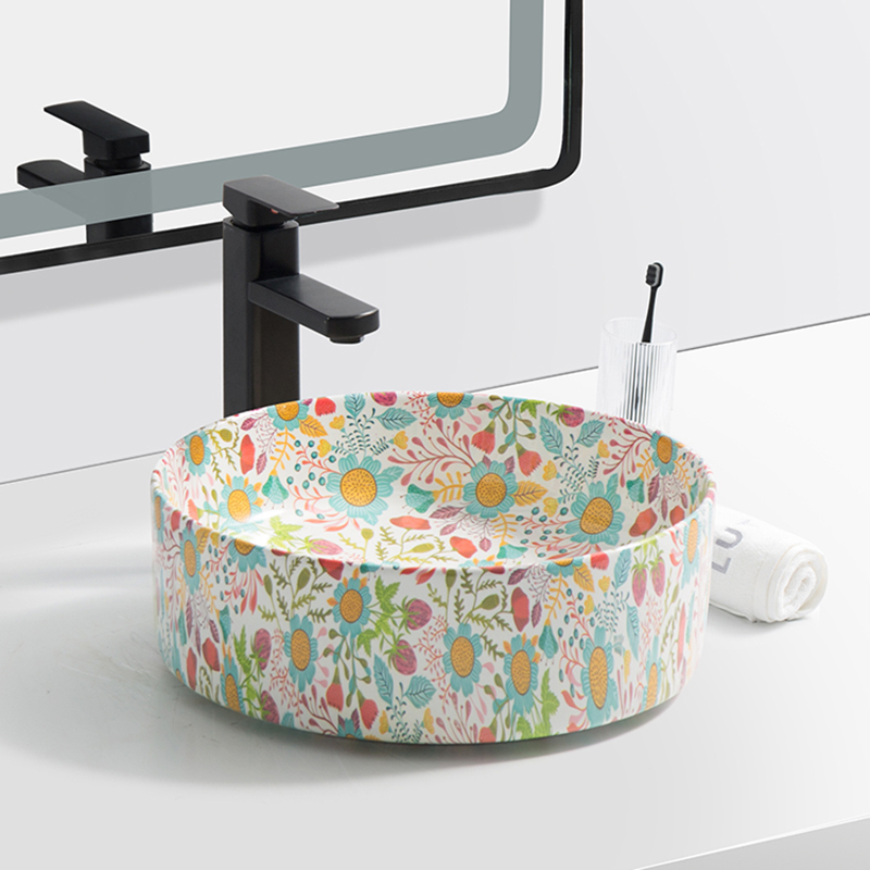 Lavoar chiuveta baie pe blat BisDesign ceramica multicolor model floral rotund [2]