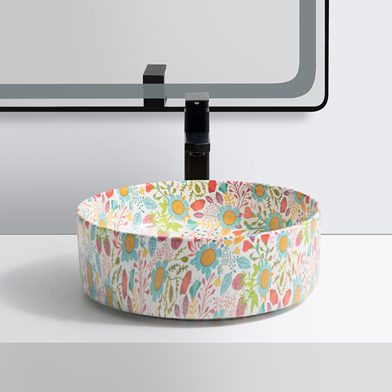 Lavoar chiuveta baie pe blat BisDesign ceramica multicolor model floral rotund [3]