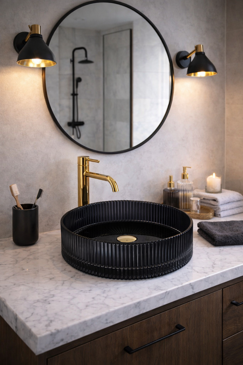 Lavoar chiuveta baie pe blat BisDesign sticla securizata negru fumuriu ventil auriu [7]