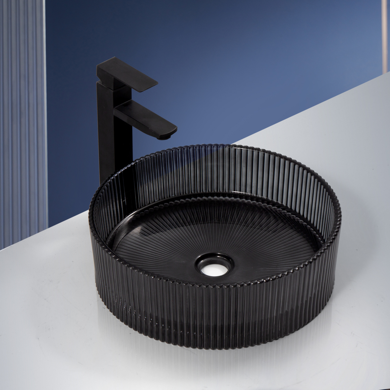 Lavoar chiuveta baie pe blat BisDesign sticla securizata negru fumuriu ventil auriu [4]