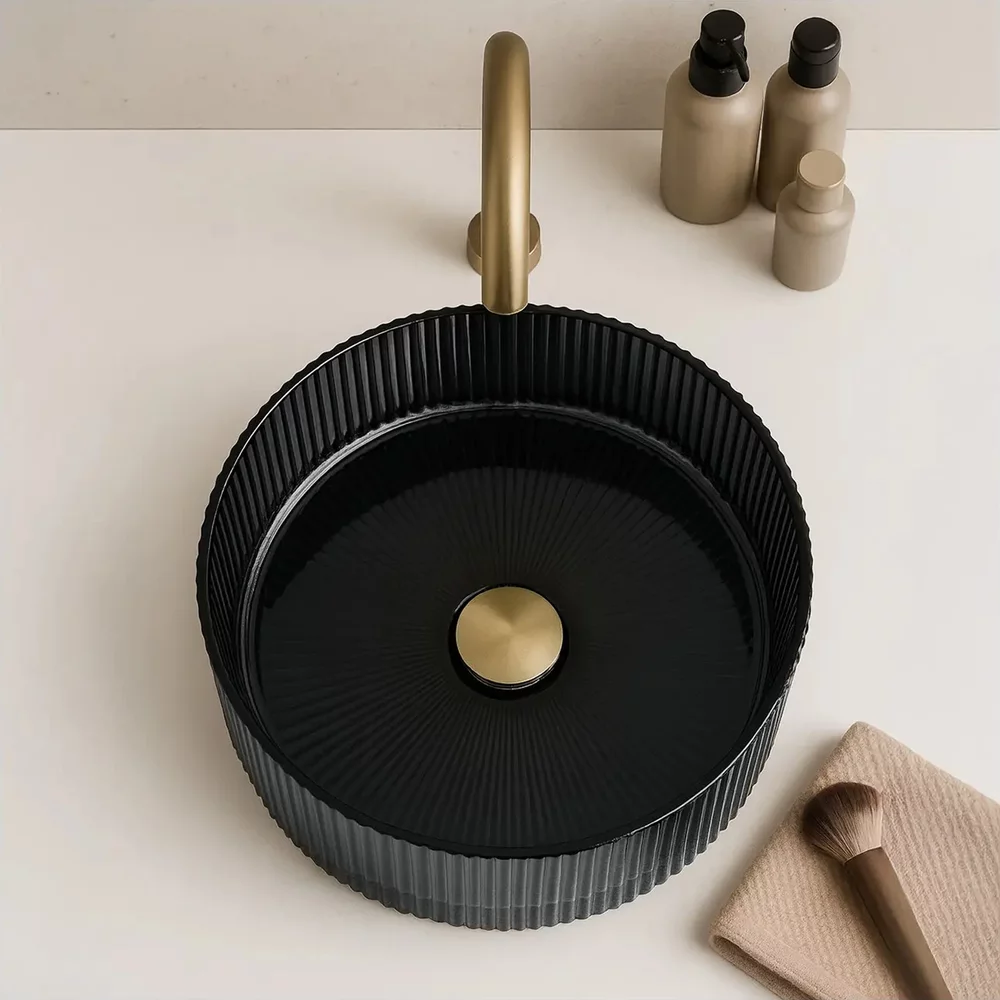 Lavoar chiuveta baie pe blat BisDesign sticla securizata negru fumuriu ventil auriu [2]