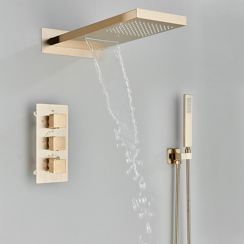 Sistem de Dus Baie BisDesign®, Incastrabil cu Termostat, Functie Cascada si Ploaie, Finisaj Auriu Mat, Para Dus Perete 55x22 cm [2]
