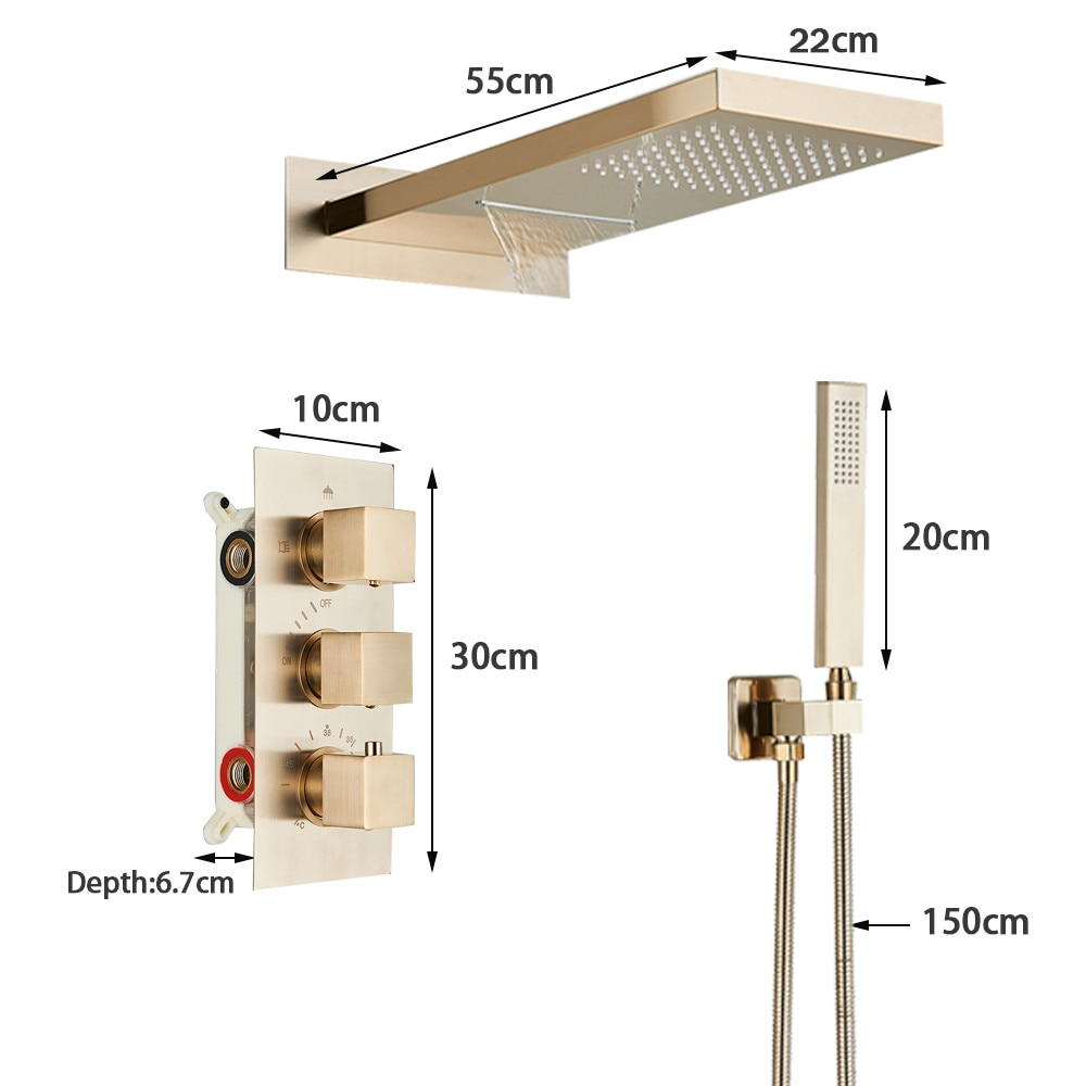 Sistem de Dus Baie BisDesign®, Incastrabil cu Termostat, Functie Cascada si Ploaie, Finisaj Auriu Mat, Para Dus Perete 55x22 cm [10]