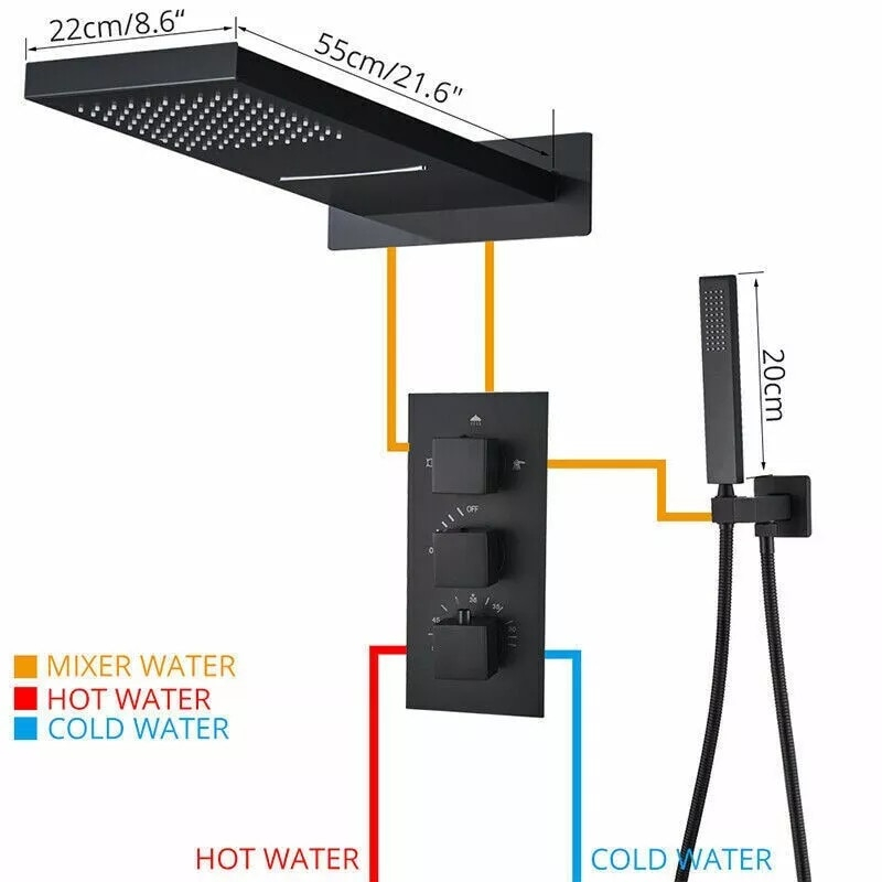 Sistem duș încastrabil negru mat cu termostat, para 55x22 cm și funcție cascadă [14]