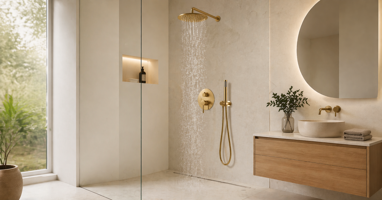 Baterie de duș și cadă auriu mat cu para Rainfall 30 cm și 2 funcții [2]