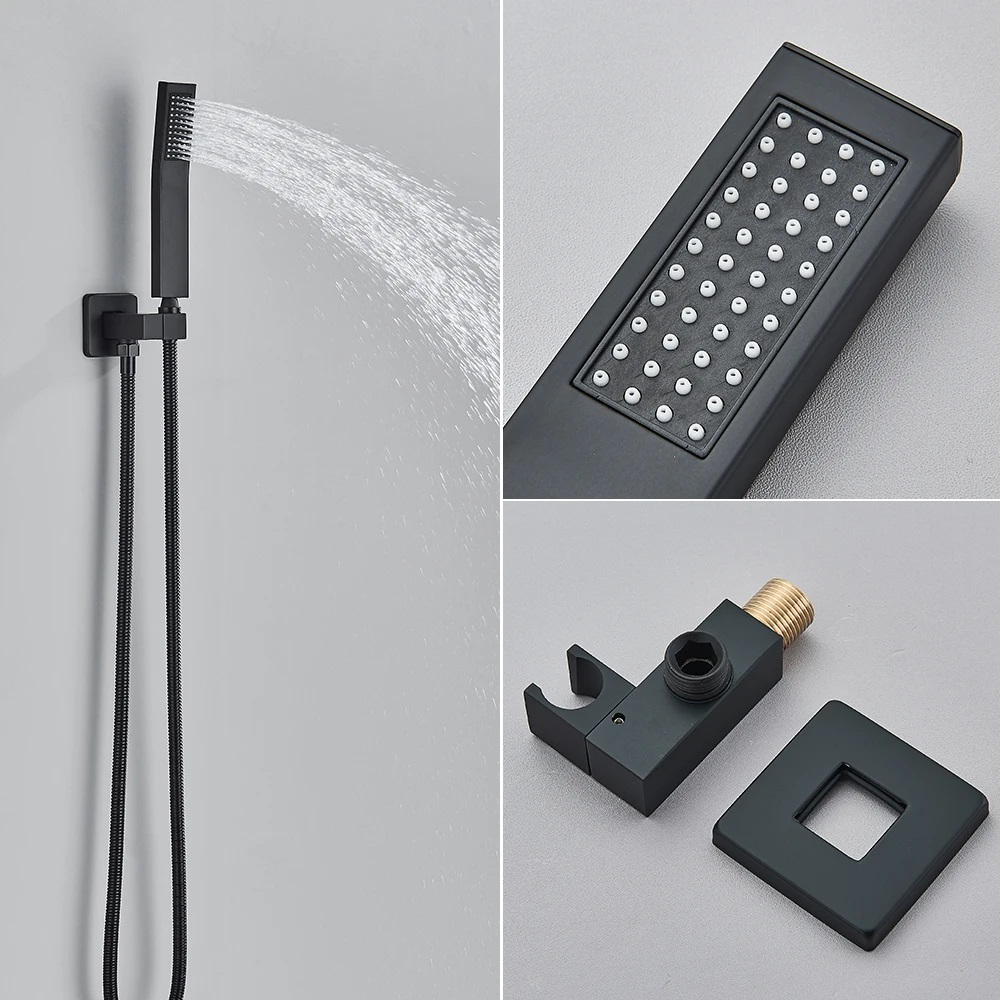Sistem de duș încastrabil negru mat cu termostat, LED-uri și para rectangulară 40 cm [3]