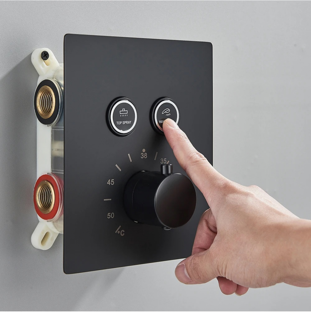 Sistem de duș încastrabil negru mat cu termostat, LED-uri și para rectangulară 40 cm [4]