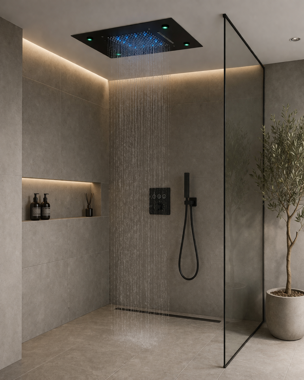 Sistem de duș încastrabil Rainfall negru mat cu termostat, funcție SPA și LED [2]