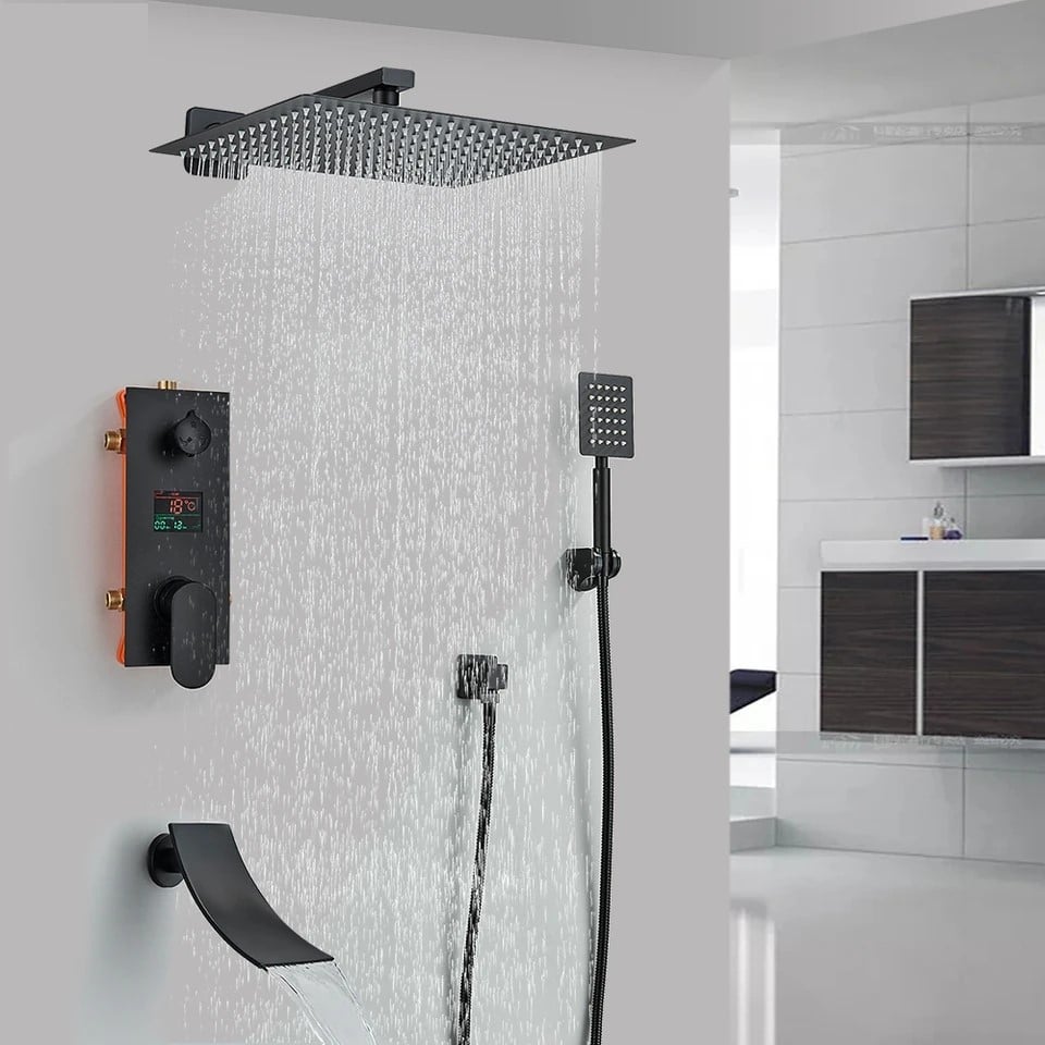Sistem de duș încastrabil negru mat cu LCD, para 40 cm și funcție cascadă [2]