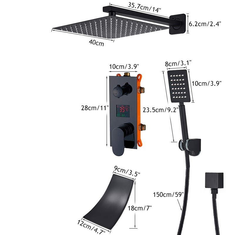 Sistem de duș încastrabil negru mat cu LCD, para 40 cm și funcție cascadă [8]