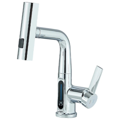Baterii Pentru Bucătărie - Baterie Chiuvetă BisDesign®, Senzor Temperatură, Duș Extractabil Tip Ploaie, 3 Funcții, Finisaj Crom Lucios, 30 cm