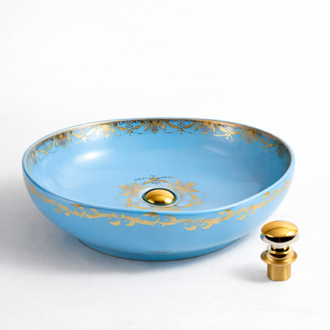 Lavoare Baie - Lavoar chiuveta baie pe blat BisDesign ceramica albastru cu decor auriu oval