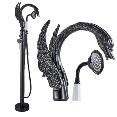 Baterii Freestanding - Baterie freestanding cadă tip lebădă negru mat cu mâner ceramic