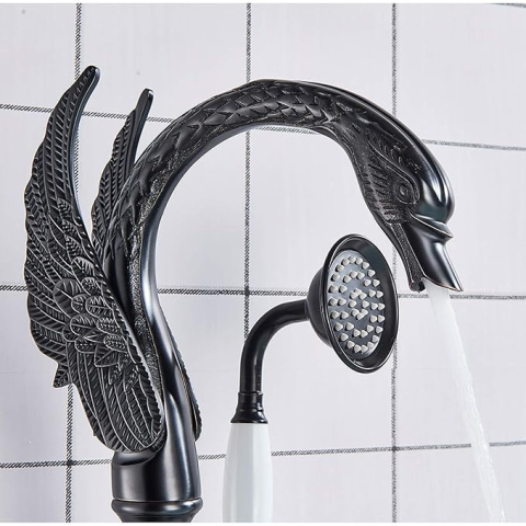 Baterie freestanding cadă tip lebădă negru mat cu mâner ceramic [4]