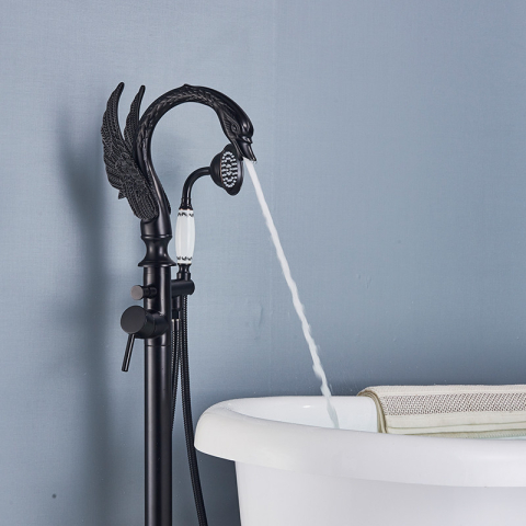 Baterie cadă freestanding tip lebădă negru mat cu mâner ceramic decorativ [2]