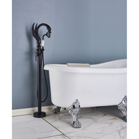Baterie cadă freestanding tip lebădă negru mat cu mâner ceramic decorativ [4]