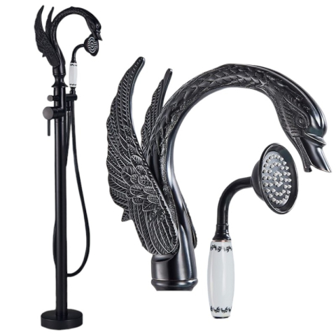 Baterii Freestanding - Baterie cadă freestanding tip lebădă negru mat cu mâner ceramic decorativ