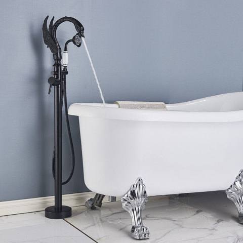 Baterie cadă freestanding tip lebădă negru mat cu mâner ceramic decorativ [3]