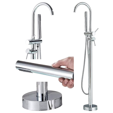 Baterii Freestanding - Baterie cadă freestanding crom lucios cu duș de mână și pipă pivotantă