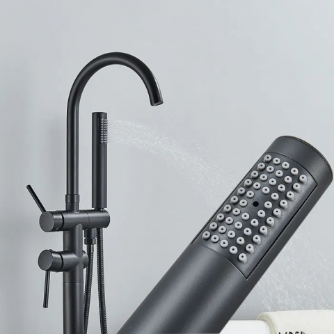 Baterie freestanding cada finisaj negru mat, montaj pe podea, cu pipă și duș de mână [3]