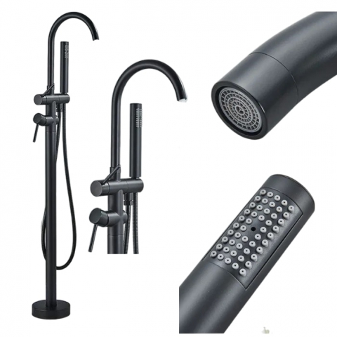 Baterii Freestanding - Baterie freestanding cada finisaj negru mat, montaj pe podea, cu pipă și duș de mână