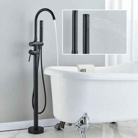 Baterie freestanding cada finisaj negru mat, montaj pe podea, cu pipă și duș de mână [2]