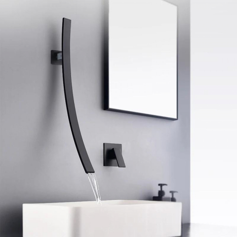 Baterie lavoar încastrabilă negru mat cu pipă cascadă minimalistă [1]