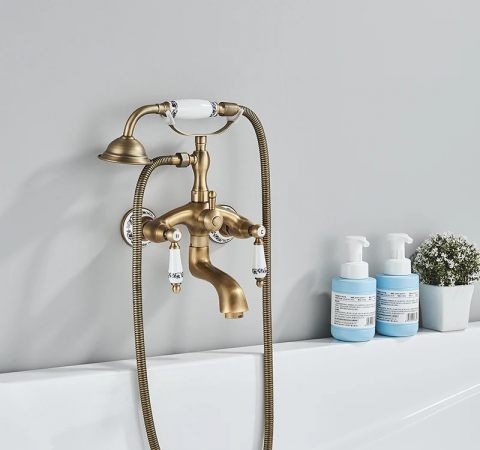 Baterii Pentru Baie - Baterie baie bronz antichizat cu inele ceramice albe, montaj perete