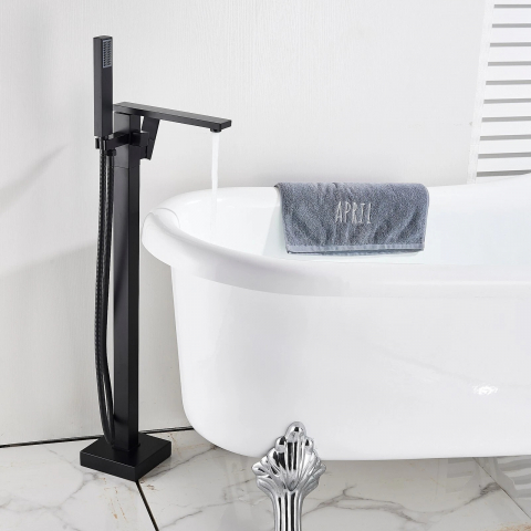 Baterie baie freestanding negru mat 84 cm cu pipă tip cascadă și design modern [3]