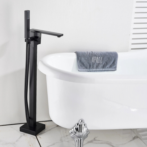 Baterie baie freestanding negru mat 84 cm cu pipă tip cascadă și design modern [2]