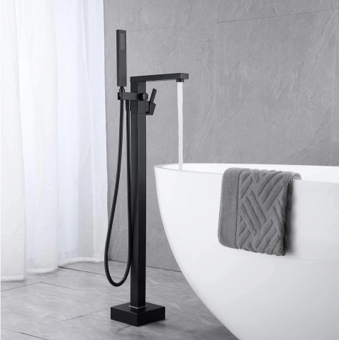 Baterie baie freestanding negru mat 84 cm cu pipă tip cascadă și design modern [1]