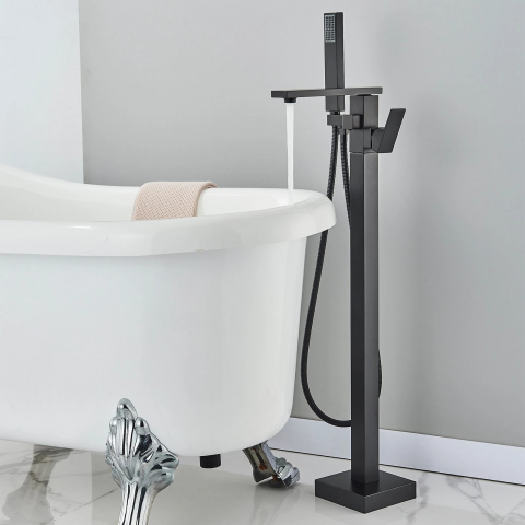 Baterie baie freestanding negru mat 84 cm cu pipă tip cascadă și design modern [4]