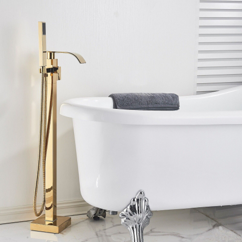 Baterii Freestanding - Baterie cadă freestanding auriu lucios 98 cm cu pipă cascadă