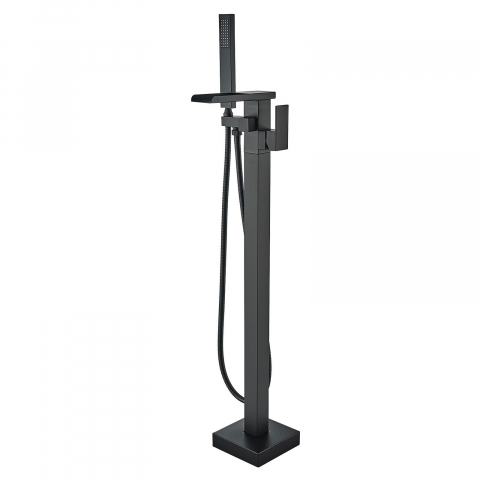 Baterii Freestanding - Baterie cadă freestanding negru mat 102 cm cu pipă cascadă și duș de mână