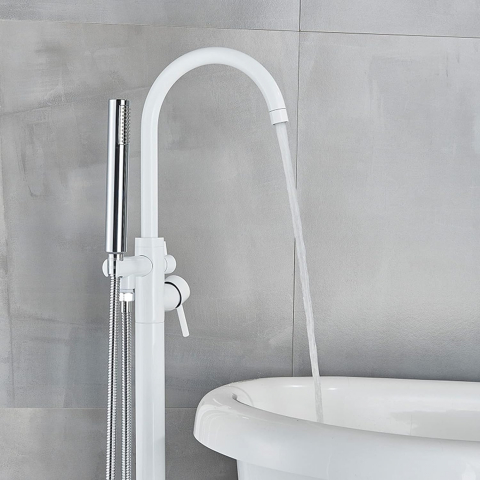 Baterie cadă freestanding alb lucios 117 cm cu cadru rotund [7]