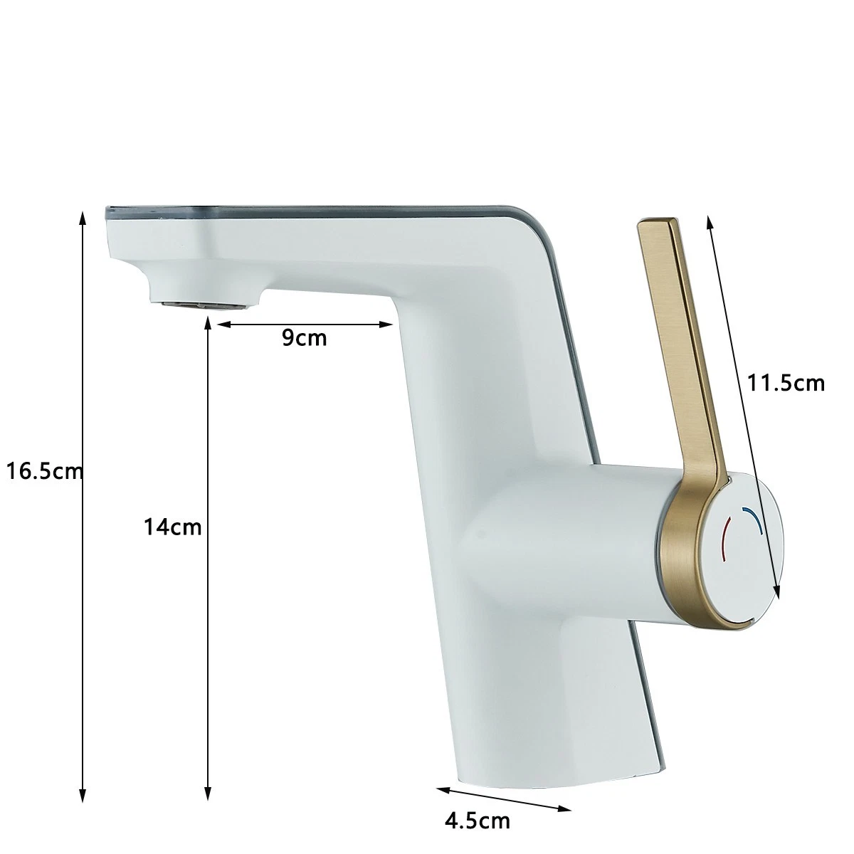Baterie chiuvetă baie BisDesign® 17 cm, alb mat cu accente aurii, display temperatură și LED tricolor [10]