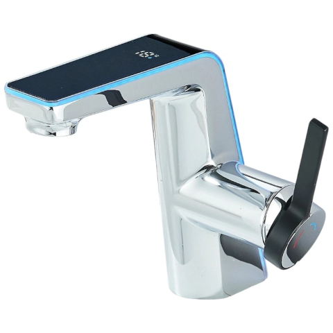 Baterii Lavoar - Baterie chiuvetă baie BisDesign® 17 cm, crom lucios cu accente negre aurii, display temperatură și LED tricolor