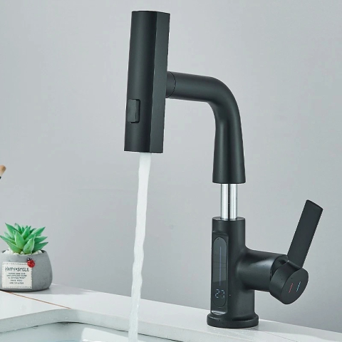 Baterie Chiuvetă BisDesign®, Senzor Temperatură, Duș Extractabil Tip Ploaie, 3 Funcții, Finisaj Negru Mat, 30 cm [2]