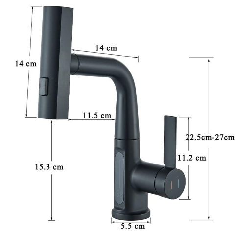 Baterie Chiuvetă BisDesign®, Senzor Temperatură, Duș Extractabil Tip Ploaie, 3 Funcții, Finisaj Negru Mat, 30 cm [12]