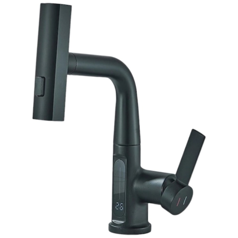 Baterii Pentru Baie - Baterie Chiuvetă BisDesign®, Senzor Temperatură, Duș Extractabil Tip Ploaie, 3 Funcții, Finisaj Negru Mat, 30 cm