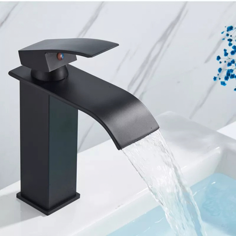 Baterie chiuvetă baie negru mat cu pipă cascadă pătrată 19 cm [3]