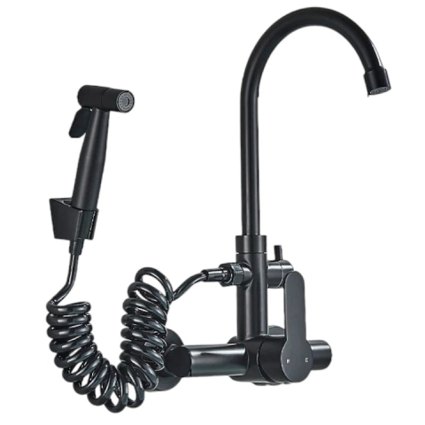 Baterii Pentru Baie - Baterie chiuvetă BisDesign® 36 cm, finisaj negru mat, duș extractabil cu furtun spiral