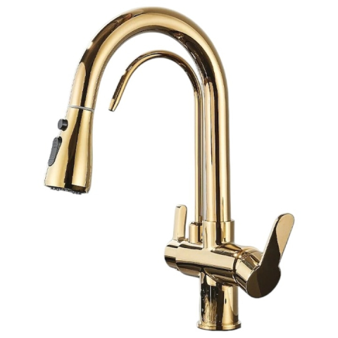 Baterii Pentru Bucătărie - Baterie bucatarie aurie lucioasa cu apa filtrata si dus extractabil 41 cm BisDesign